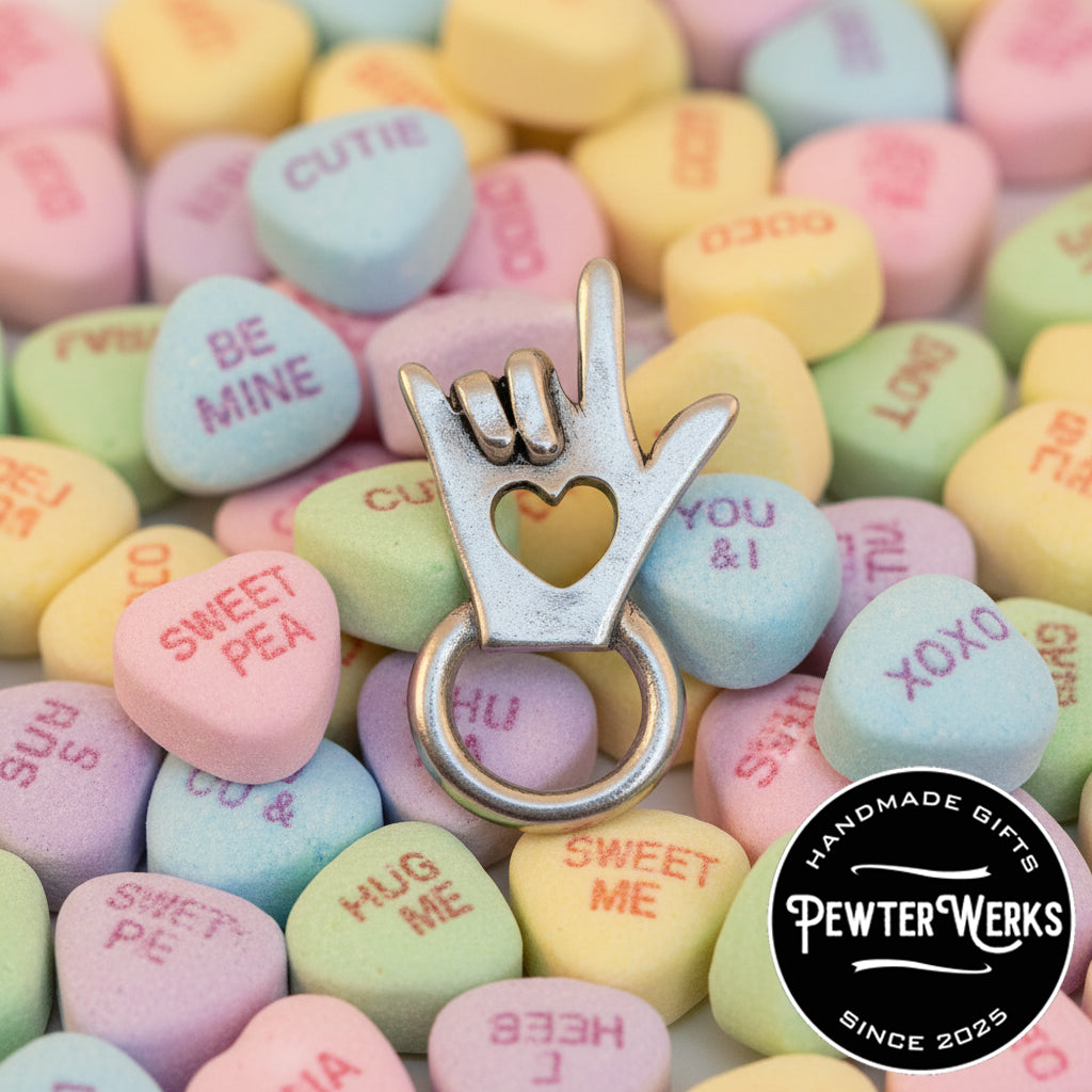 Handmade Pewter Eyeglass / ID Badge Holder Pin 'I Love You' Gift Bag Included