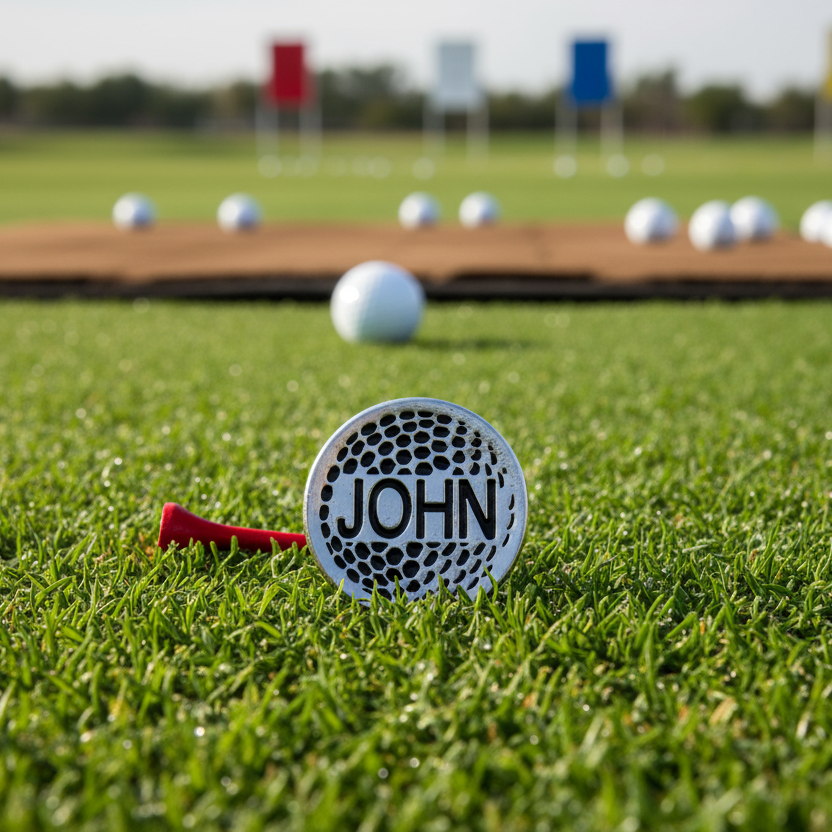 John golf marker on the driving range next to a tee.