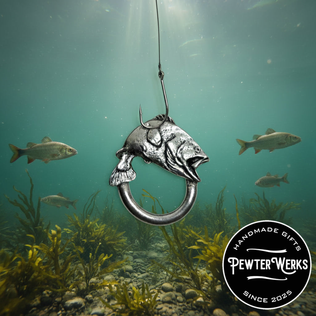 Handmade Pewter Eyeglass / ID Badge Holder Pin 'Jumping Fish' Gift Bag Included.