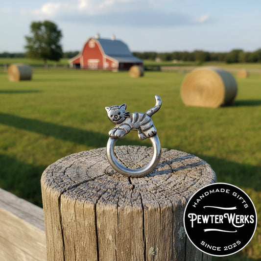 Handmade Pewter Eyeglass / ID Badge Holder Pin 'Jumping Kitty' Gift Bag Included.