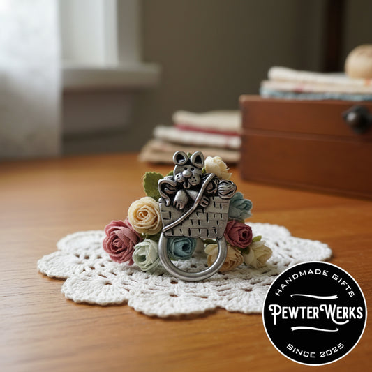 Handmade Pewter Eyeglass / ID Badge Holder Pin 'Kitty in Basket' Gift Bag Included.