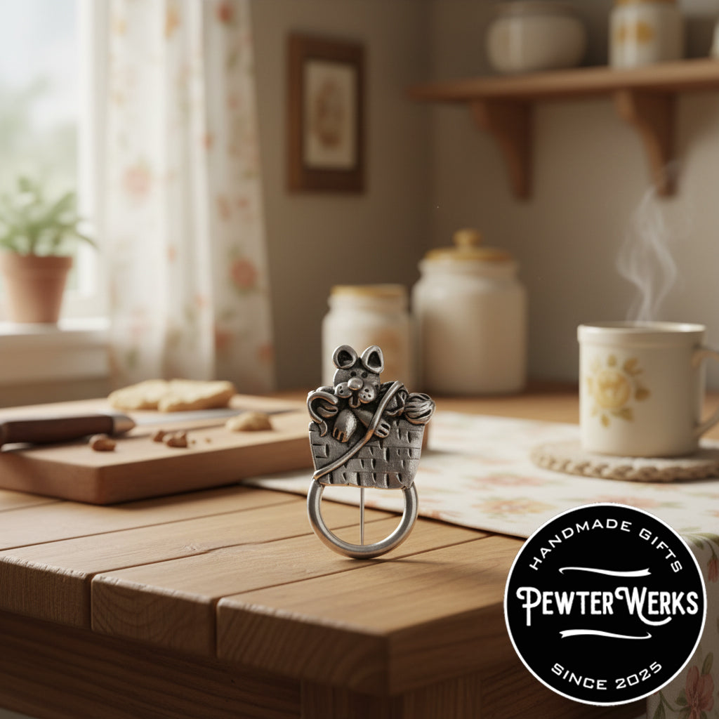 Handmade Pewter Eyeglass / ID Badge Holder Pin 'Kitty in Basket' Gift Bag Included.