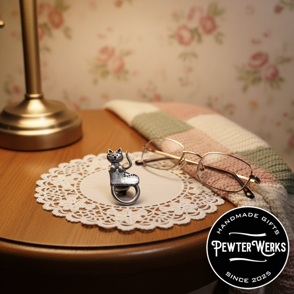 Handmade Pewter Eyeglass / ID Badge Holder Pin 'Kitty in a Boot' Gift Bag Included.