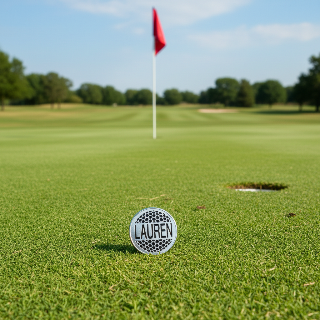 Golf ball with 'Lauren' branding on a golf course with a flag in the background.