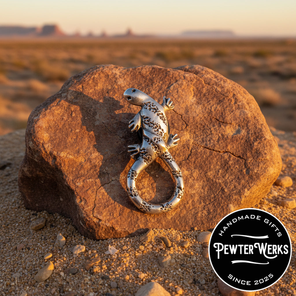 Handmade Pewter Eyeglass / ID Badge Holder Pin 'Lizard No.3' Gift Bag Included.