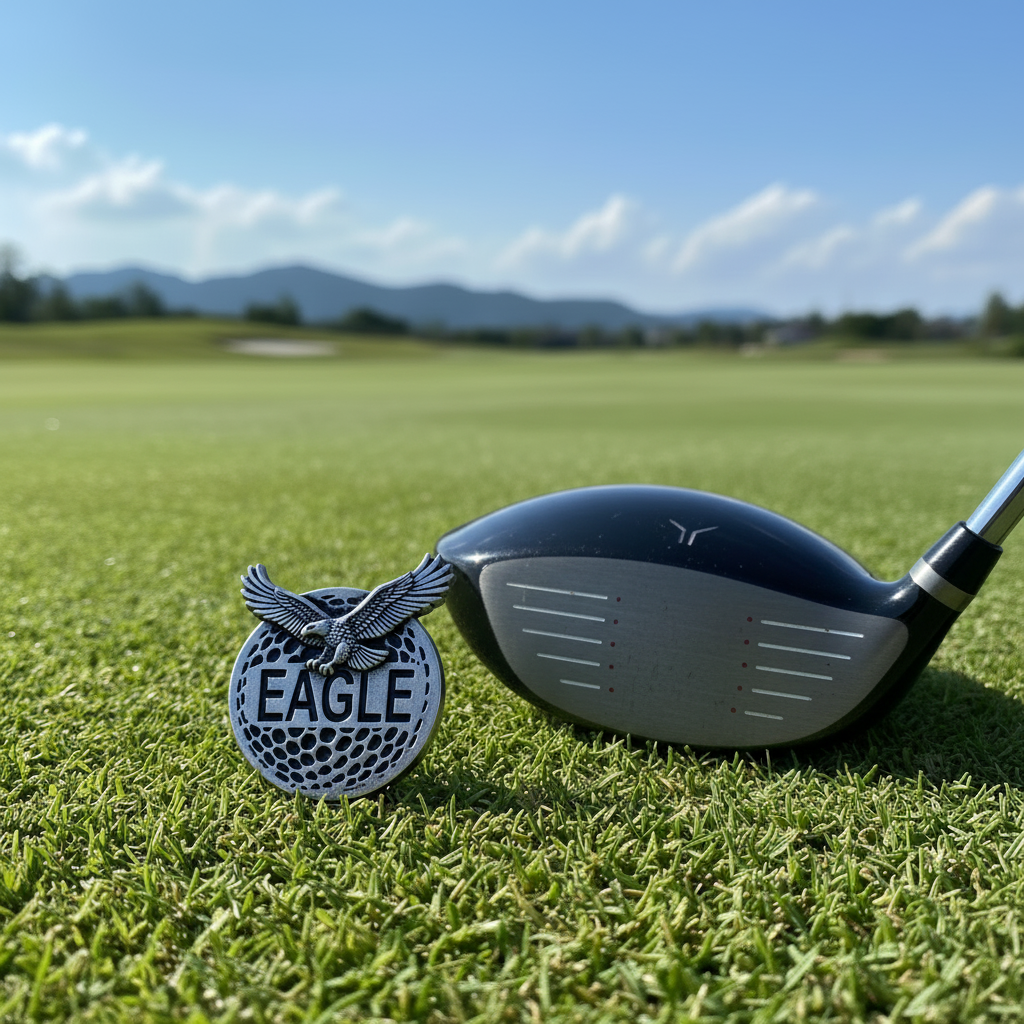 Golf ball marker with 'Eagle' branding on a golf course
