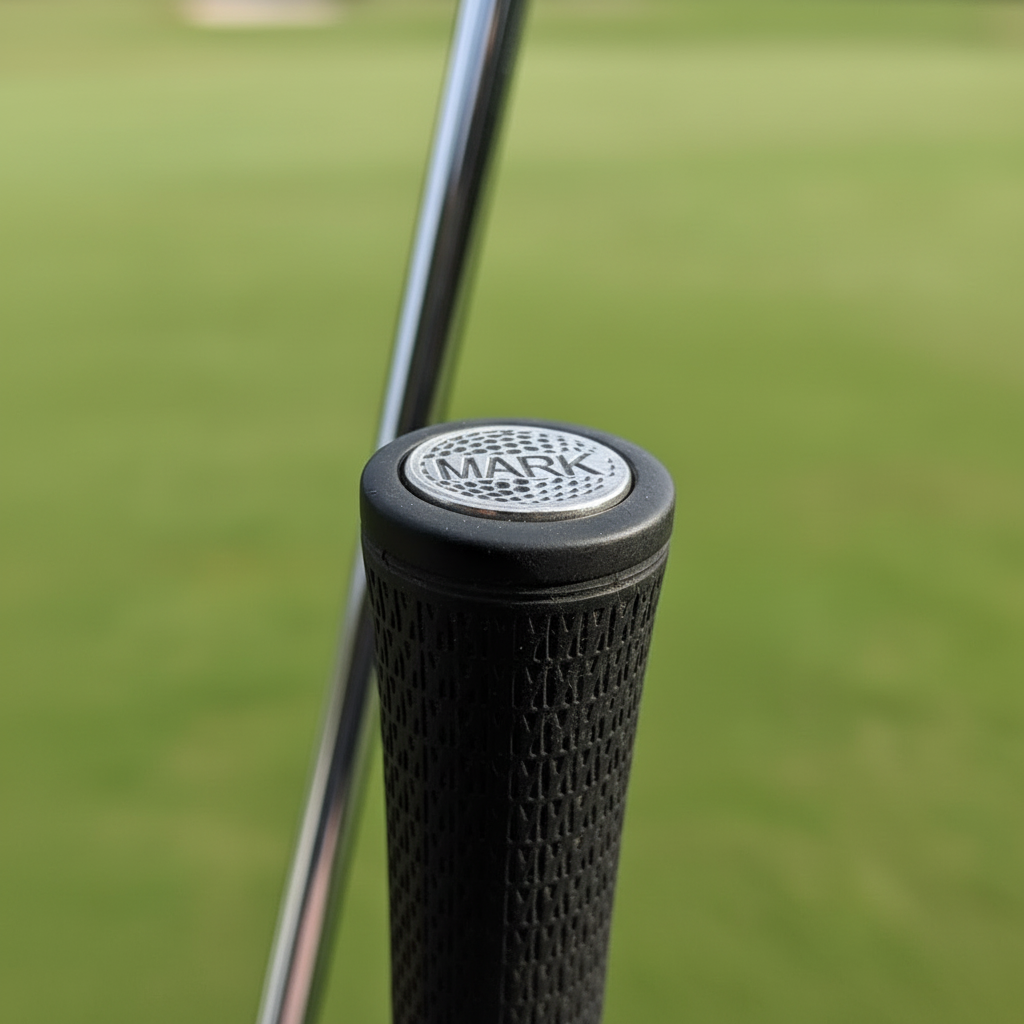 Close-up of a golf club handle with a brand logo on a blurred green background