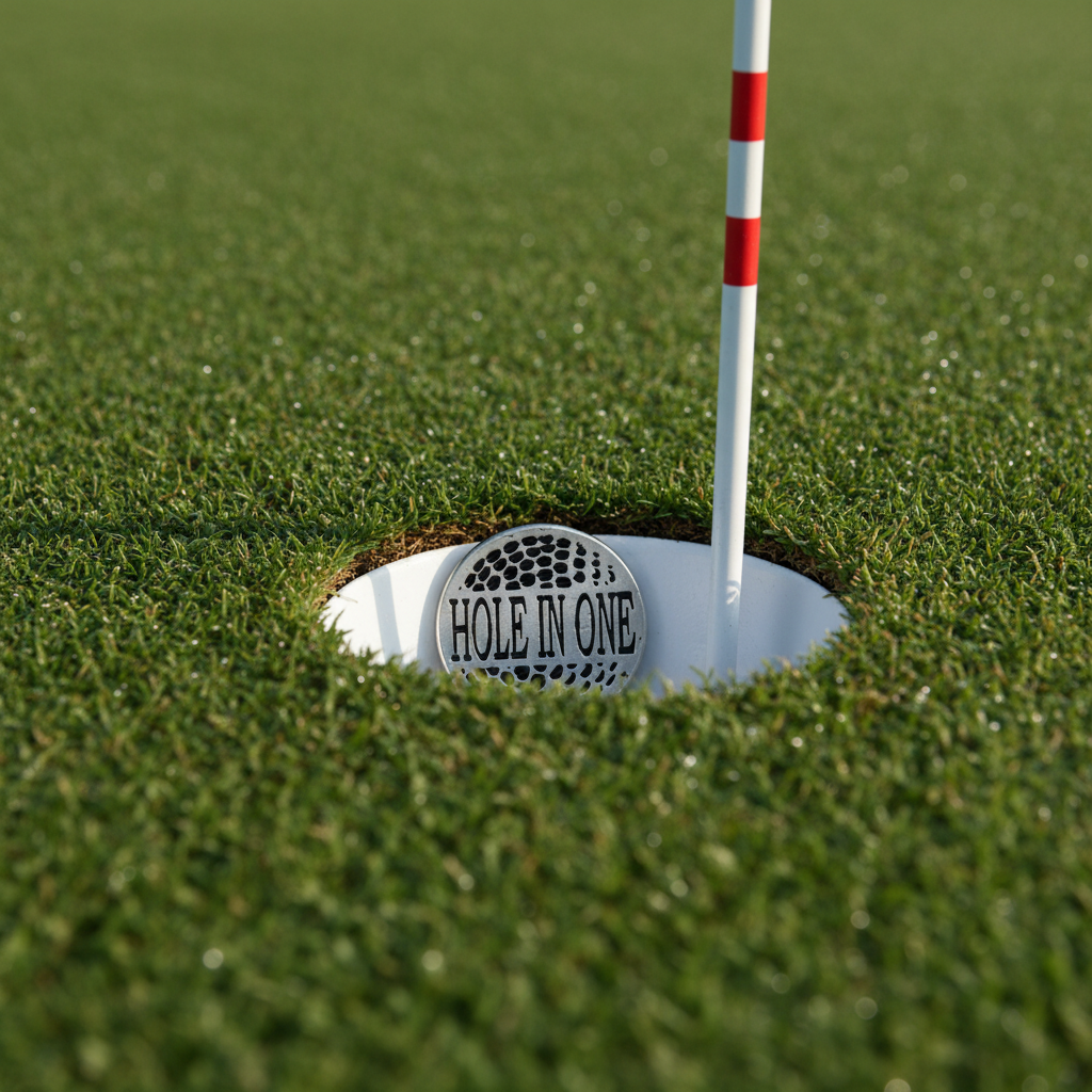 Golf hole with 'Hole in One' plaque and red and white flag on a green grass background