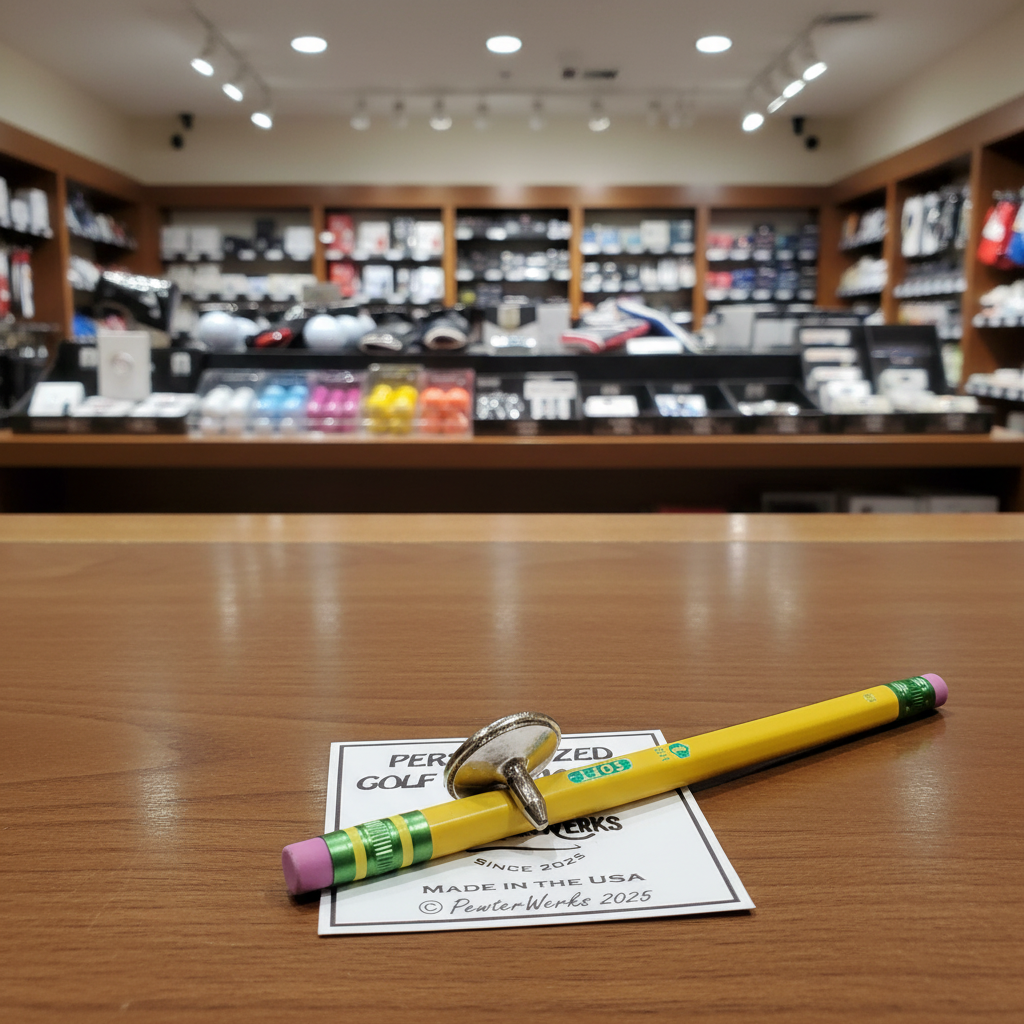 Yellow golf pencil with a label on a wooden surface in a store setting