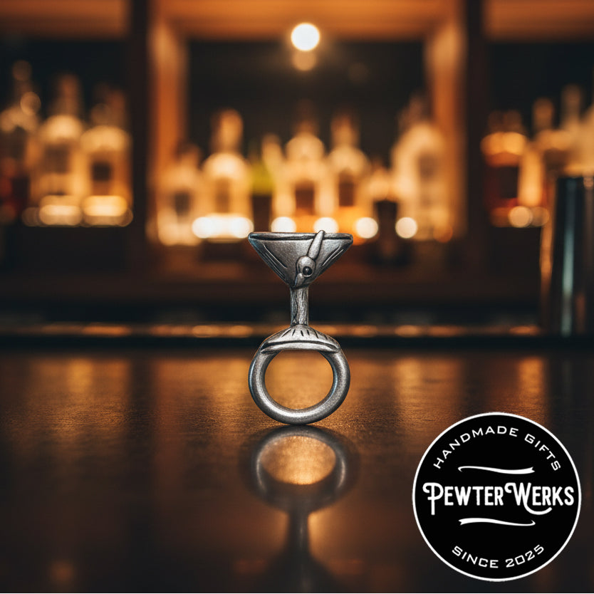 Handmade Pewter Eyeglass / ID Badge Holder Pin 'Martini' Gift Bag Included.