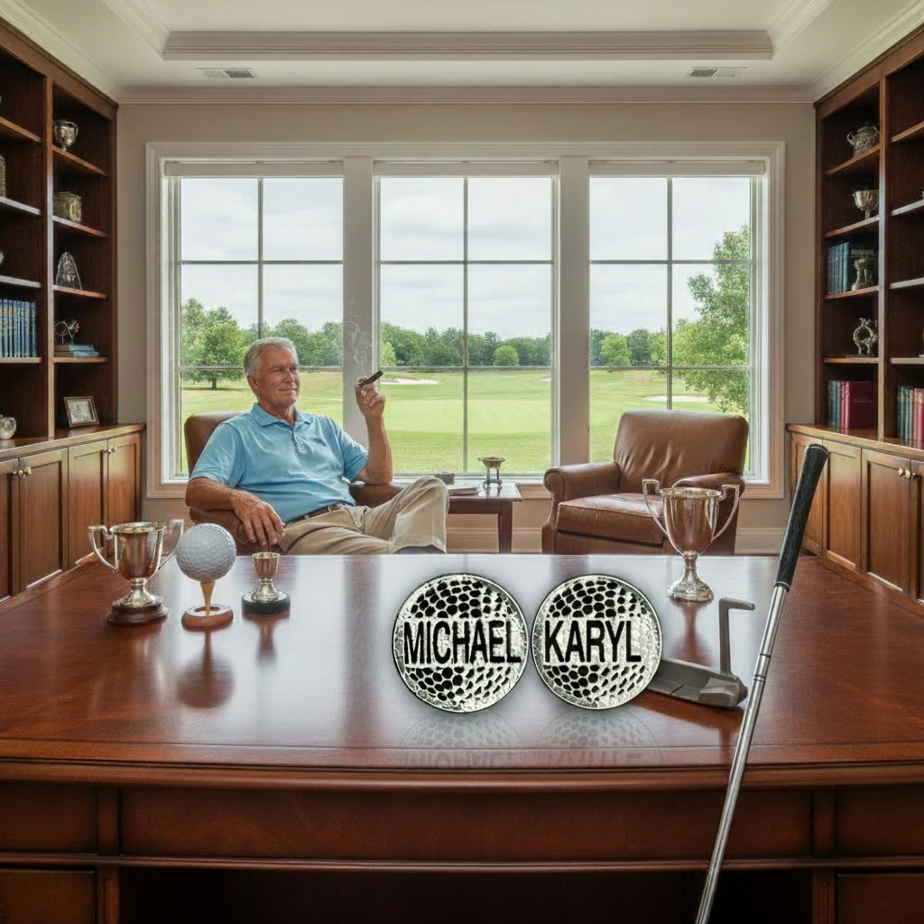 Michael at a desk smoking a cigar with a Michael and a Karyl golf marker on top of the desk