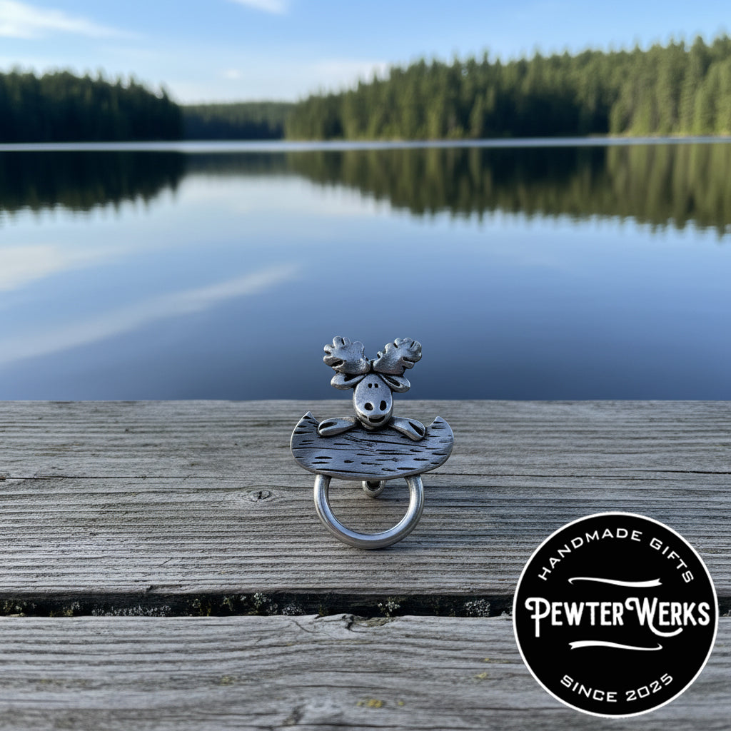 Handmade Pewter Eyeglass / ID Badge Holder Pin 'Moose in Canoe' Gift Bag Included.