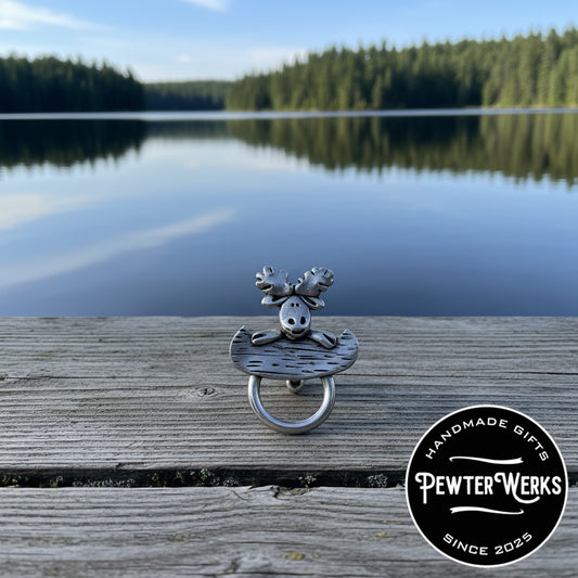 Handmade Pewter Eyeglass / ID Badge Holder Pin 'Moose in Canoe' Gift Bag Included.