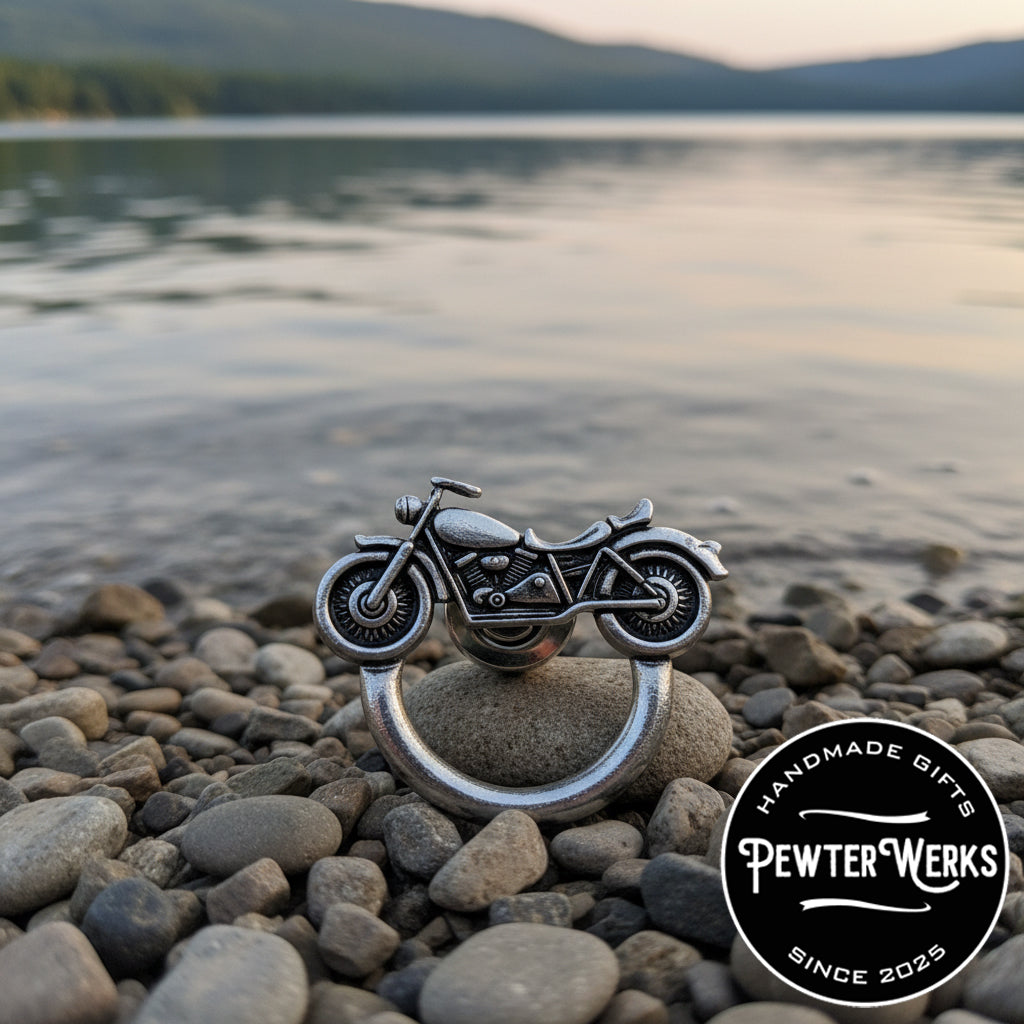 Handmade Pewter Eyeglass / ID Badge Holder Pin 'Motorcycle No.2' Gift Bag Included.