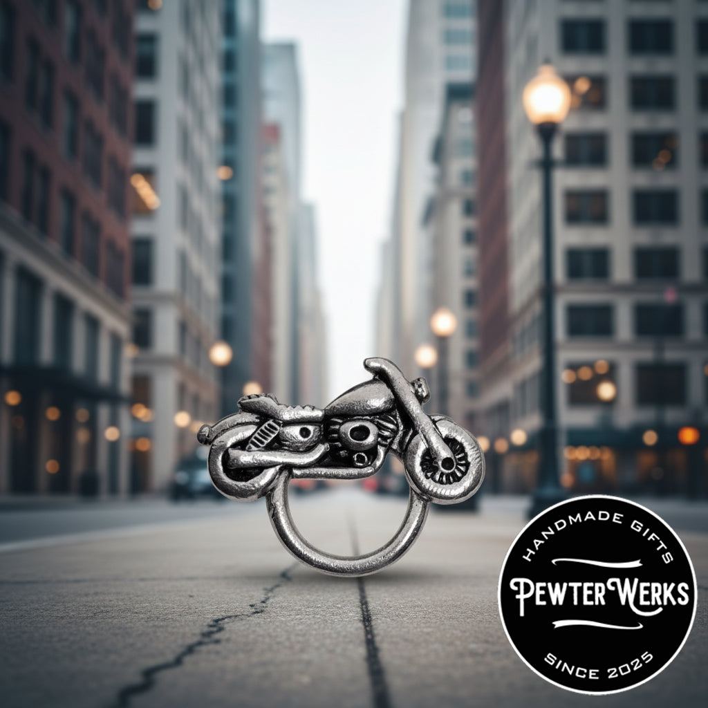 Handmade Pewter Eyeglass / ID Badge Holder Pin 'Motorcycle No.3' Gift Bag Included.