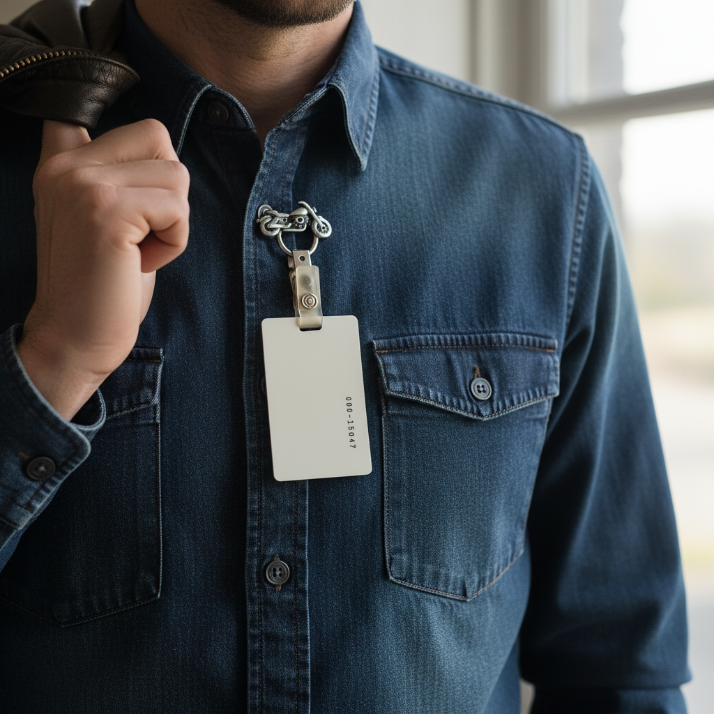 Person wearing a blue denim shirt with a eyeglass holder and id badge attached.