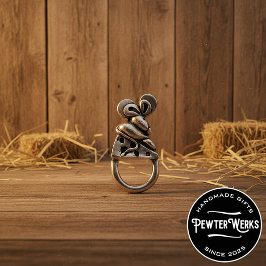 Handmade Pewter Eyeglass / ID Badge Holder Pin 'Mouse and Cheese' Gift Bag Included.