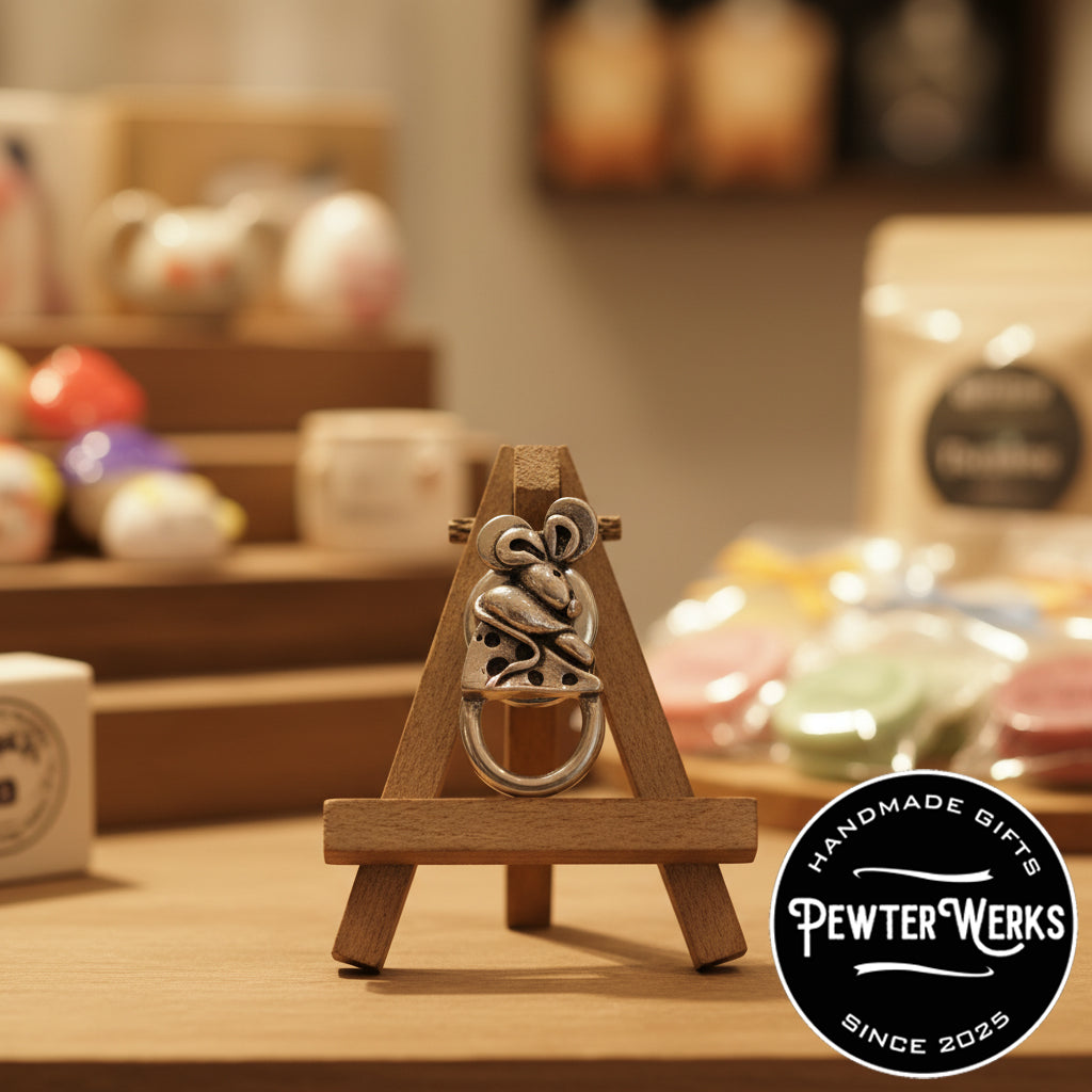 Handmade Pewter Eyeglass / ID Badge Holder Pin 'Mouse and Cheese' Gift Bag Included.