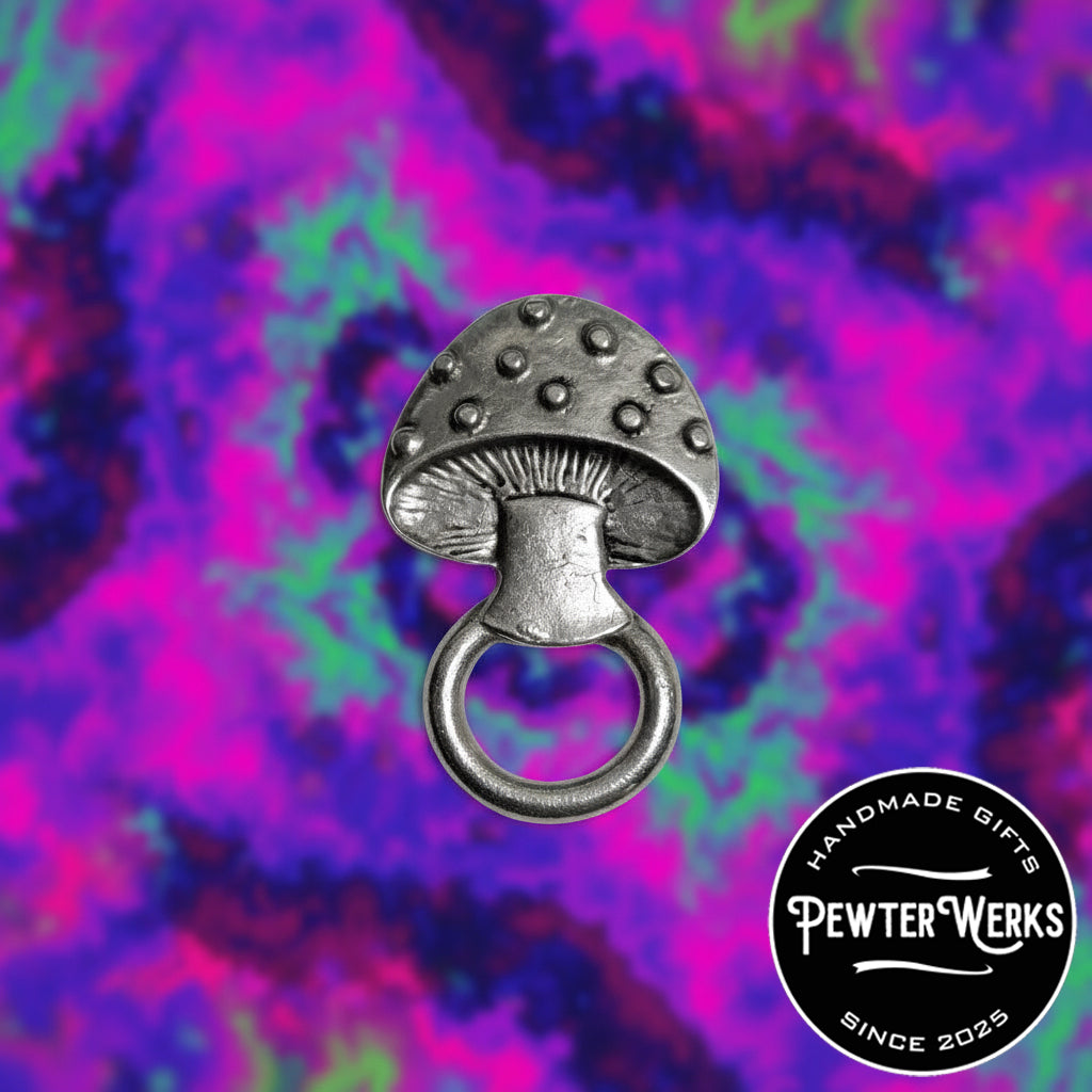 Handmade Pewter Eyeglass / ID Badge Holder Pin 'Mushroom' Gift Bag Included.