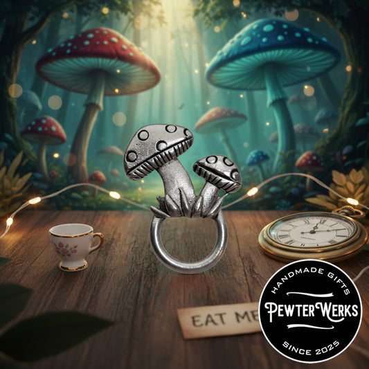 Handmade Pewter Eyeglass / ID Badge Holder Pin 'Mushrooms' Gift Bag Included.