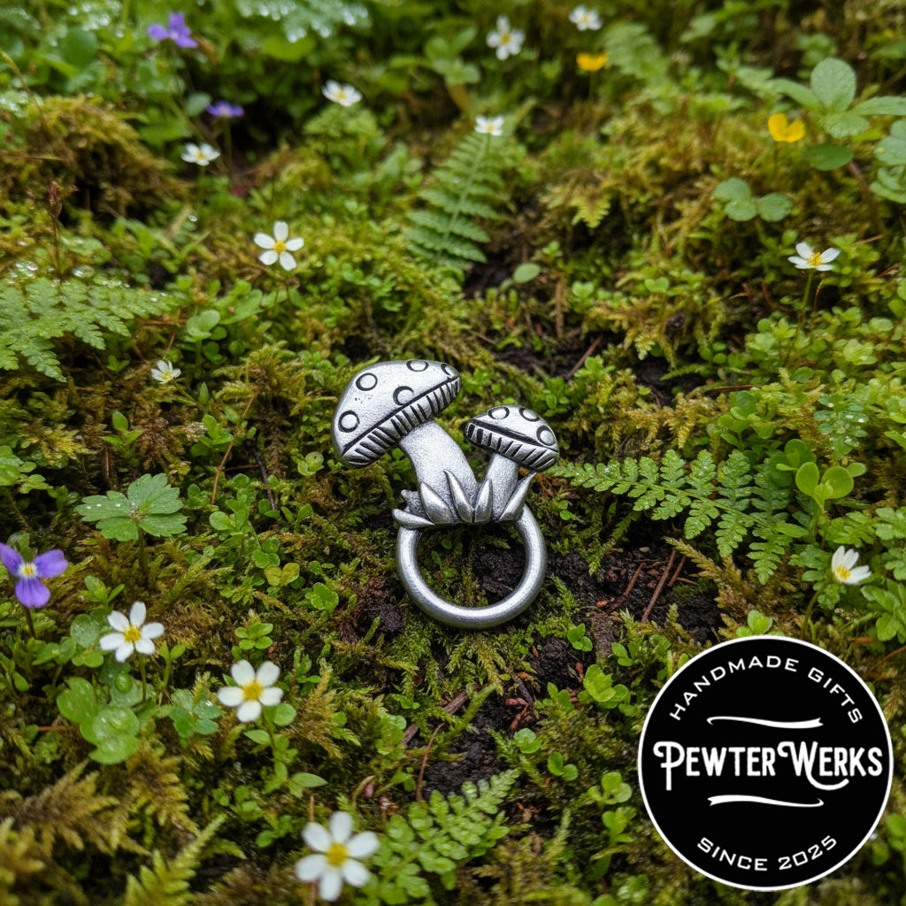 Handmade Pewter Eyeglass / ID Badge Holder Pin 'Mushrooms' Gift Bag Included.