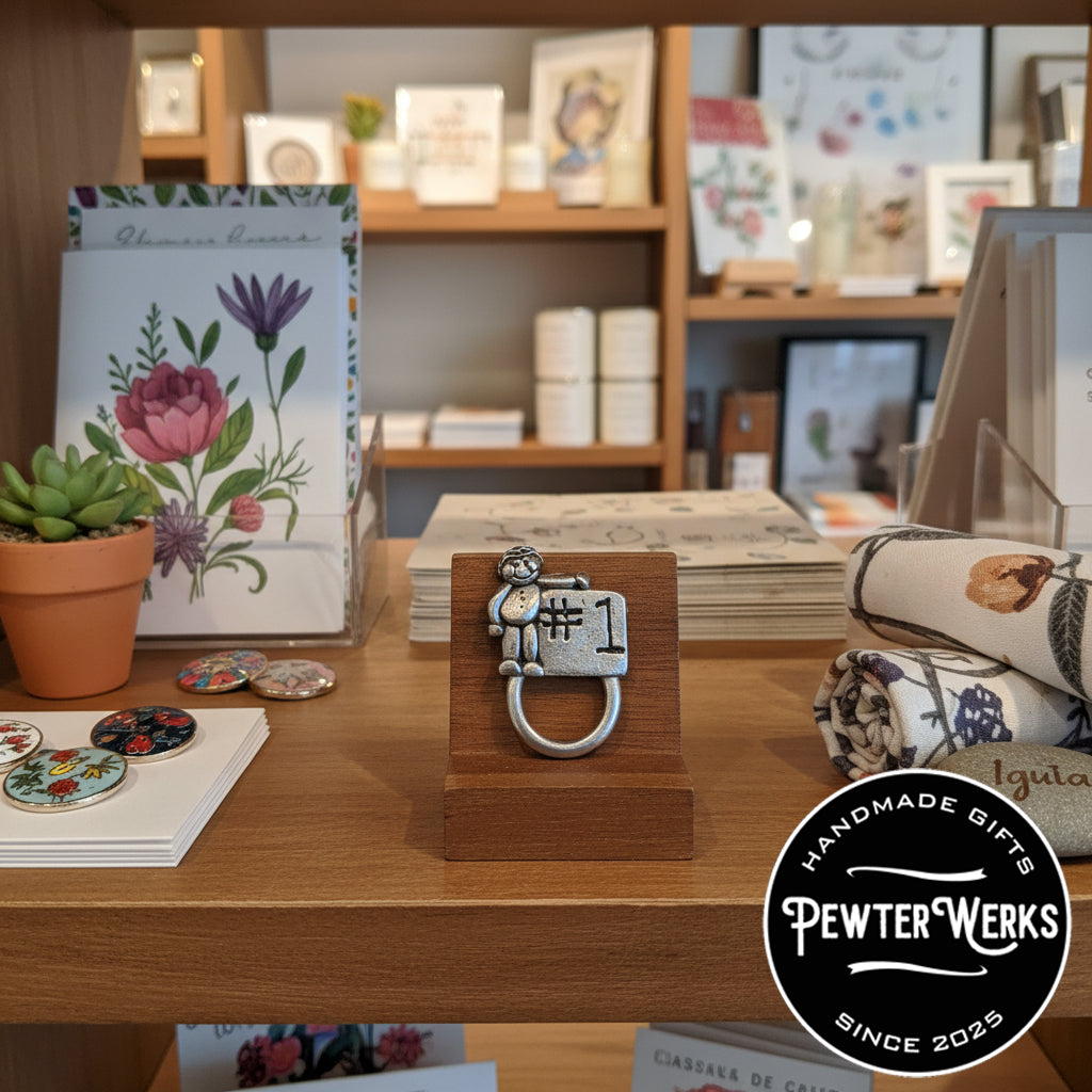 Handmade Pewter Eyeglass / ID Badge Holder Pin 'Number One' Gift Bag Included.