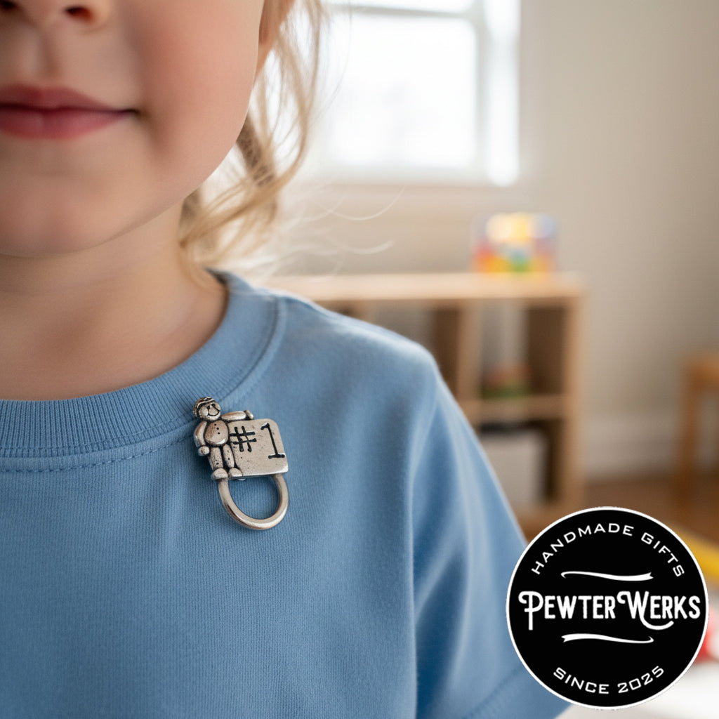 Handmade Pewter Eyeglass / ID Badge Holder Pin 'Number One' Gift Bag Included.