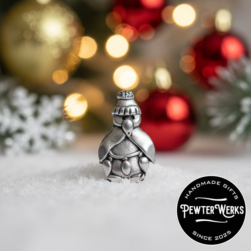 Handmade Pewter Lapel Pin 'Penguin with Lights' Gift Bag Included.
