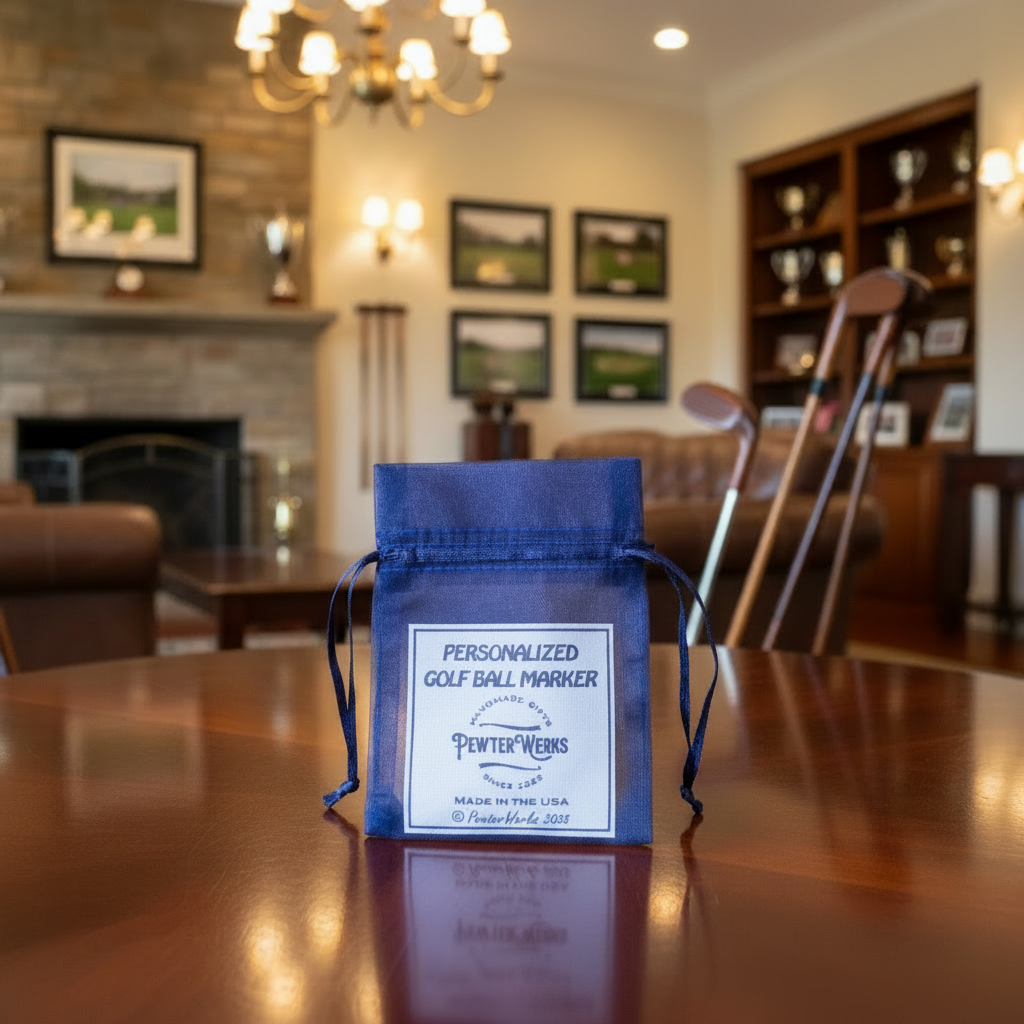 Blue drawstring bag with a personalized golf ball marker on a wooden table in a room with furniture and decor.