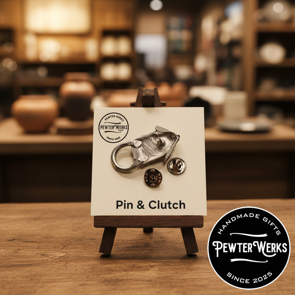 An eyeglass holder on display showing the pin and clutch attachment. PewterWerks logo visible.