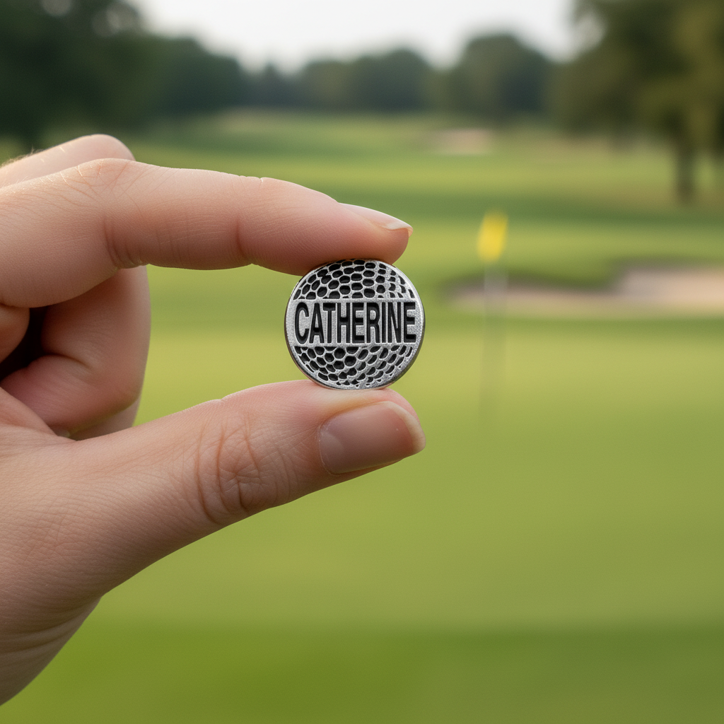 Hand holding a golf ball marker with 'Catherine' engraved, blurred golf course background