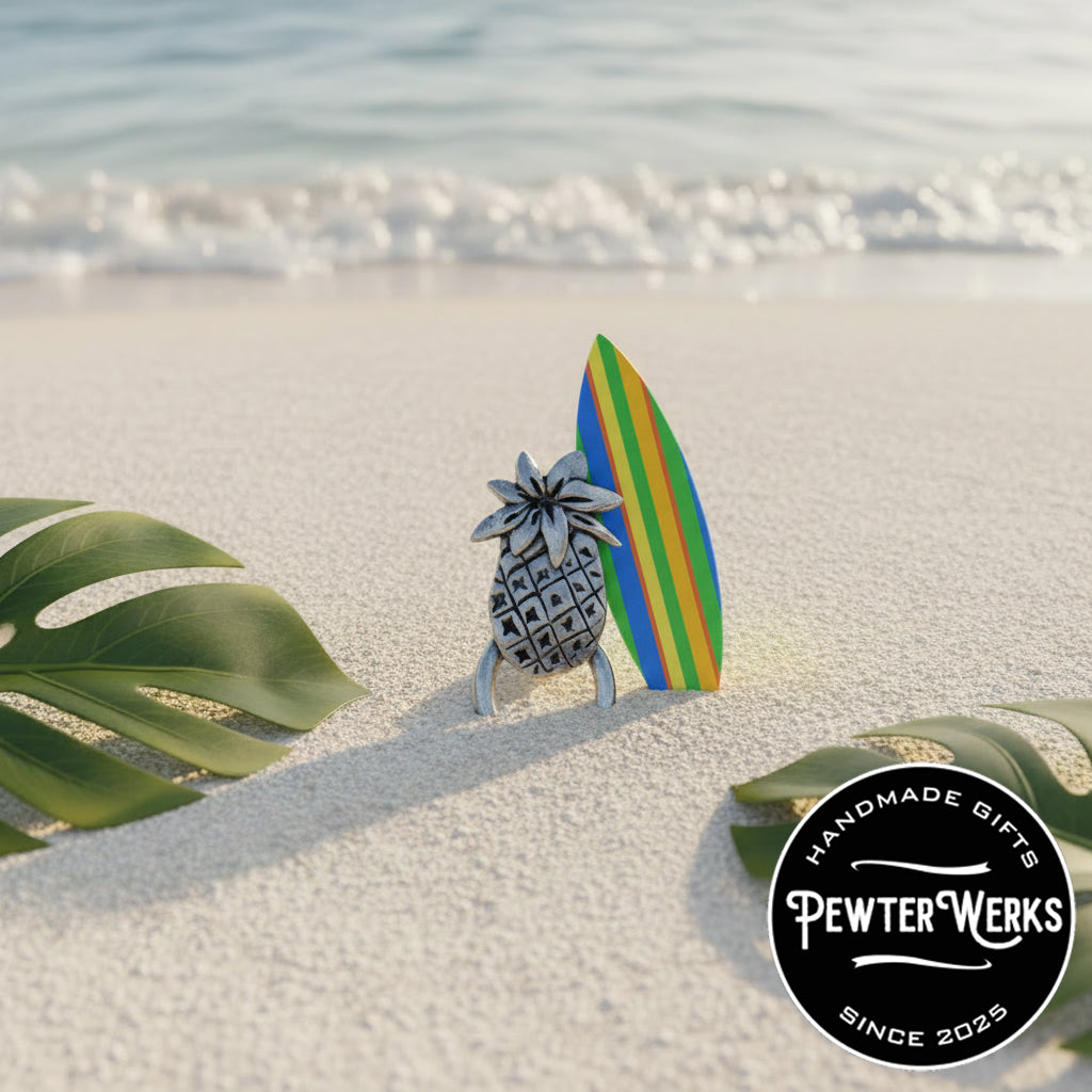 Handmade Pewter Eyeglass / ID Badge Holder Pin 'Pineapple' Gift Bag Included.