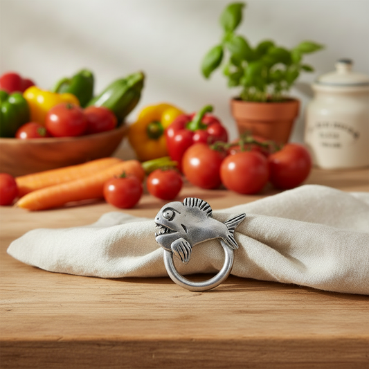 Piranha holder leaning against a napkin on a wooden countertop with vegetables in the background