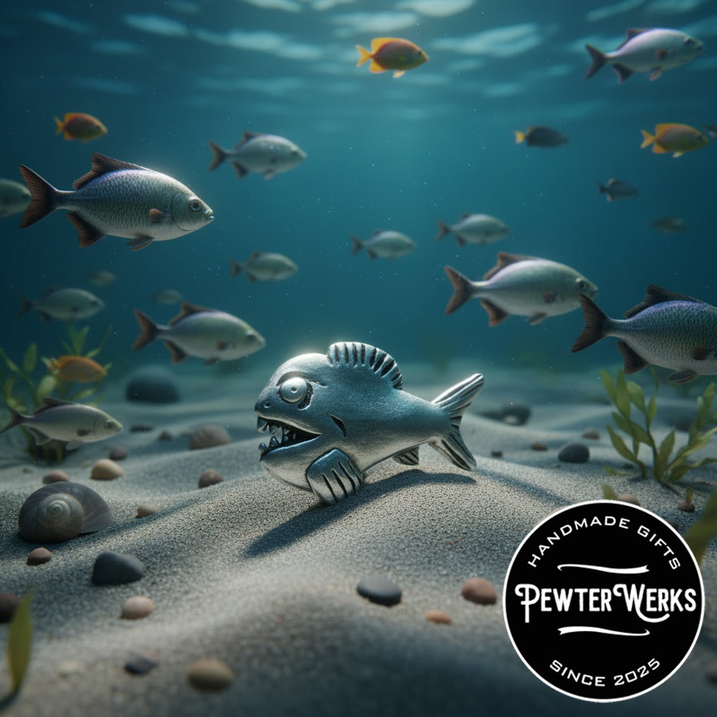 Handmade Pewter Lapel Pin 'Piranha' Gift Bag Included.