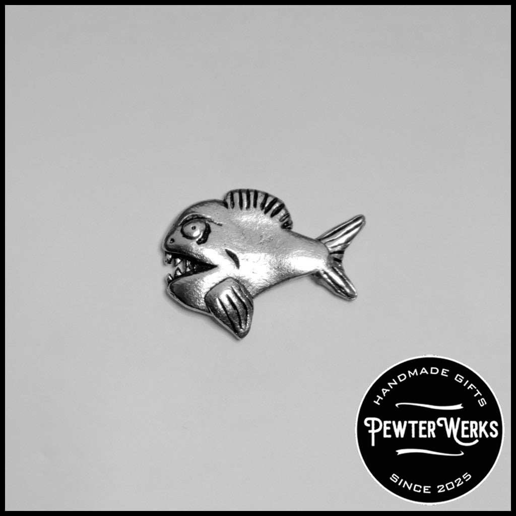 Handmade Pewter Lapel Pin 'Piranha' Gift Bag Included.