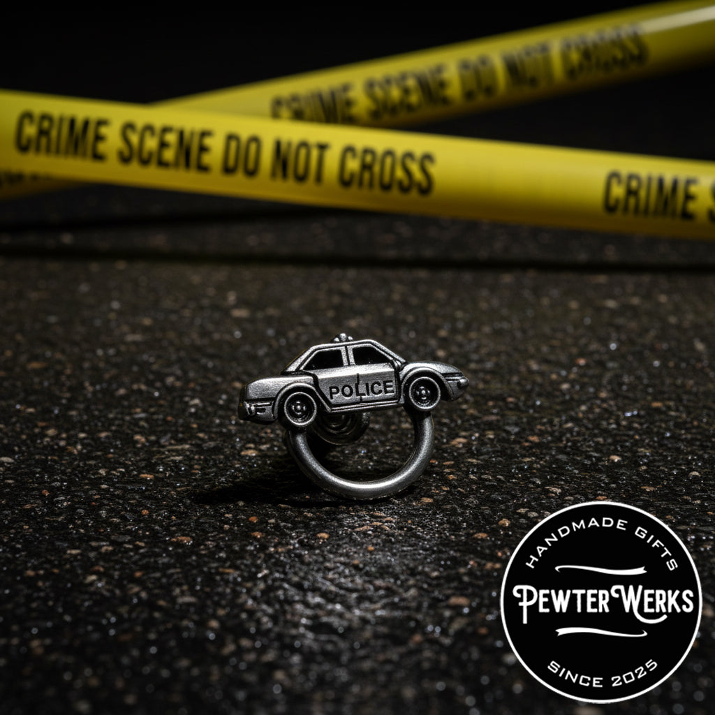 Handmade Pewter Eyeglass / ID Badge Holder Pin 'Police Car' Gift Bag Included.