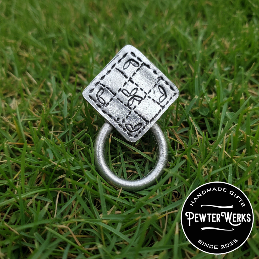 Handmade Pewter Eyeglass / ID Badge Holder Pin 'Quilt' Gift Bag Included.