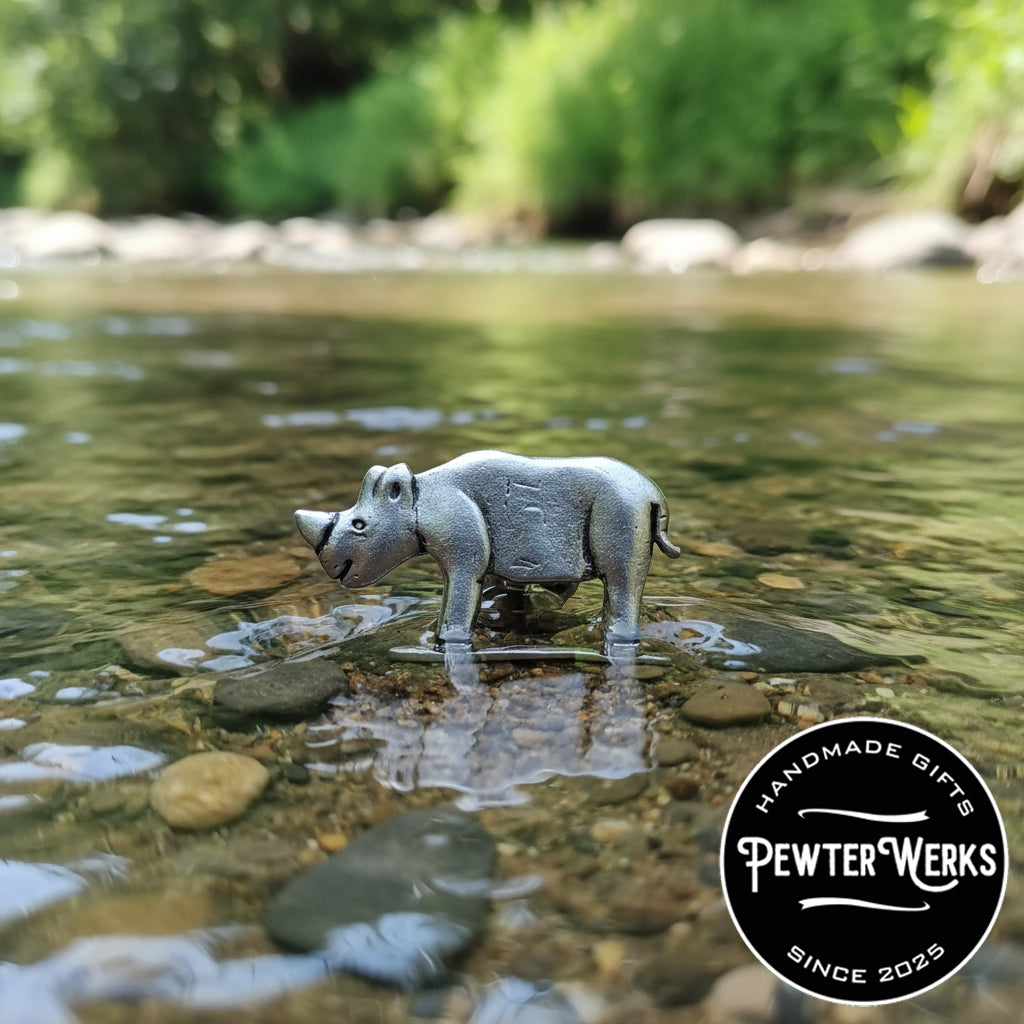 Handmade Pewter Eyeglass / ID Badge Holder Pin 'Rhino' Gift Bag Included.