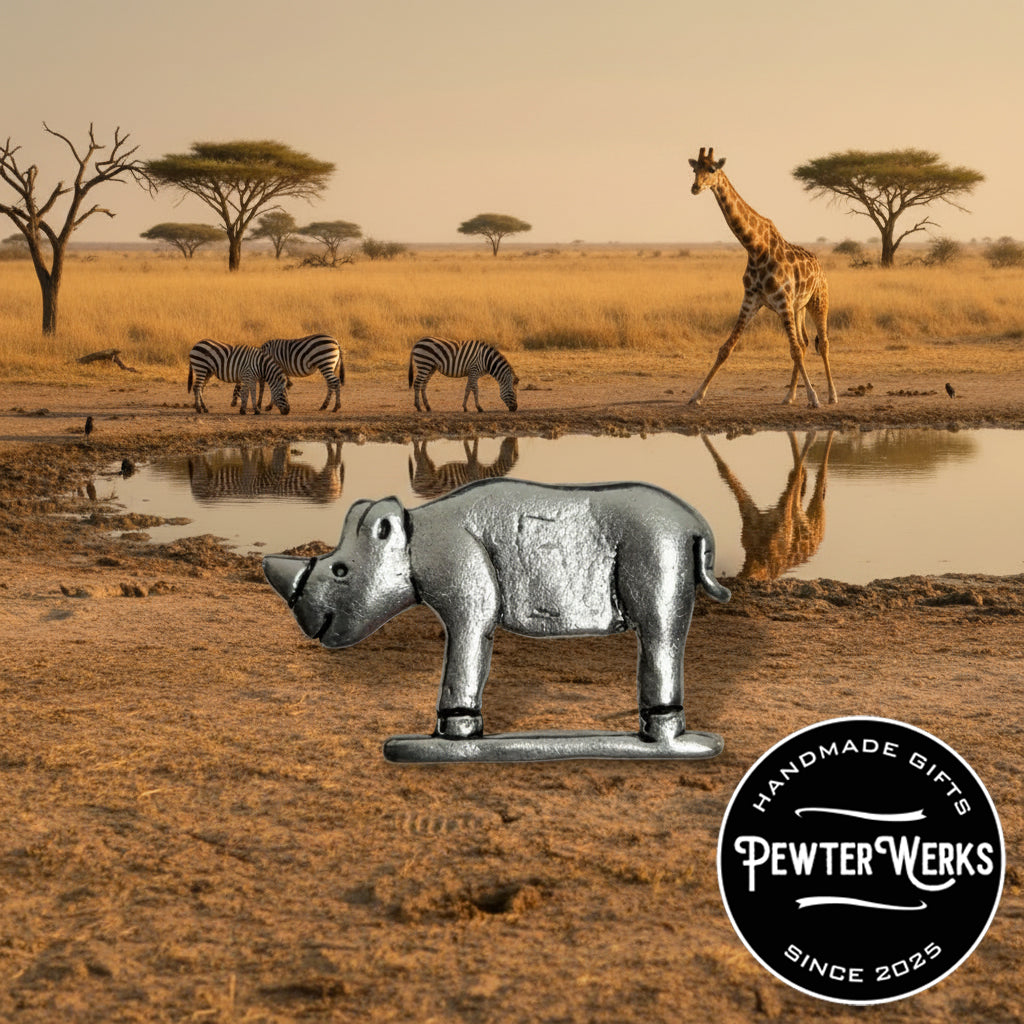 Handmade Pewter Eyeglass / ID Badge Holder Pin 'Rhino' Gift Bag Included.