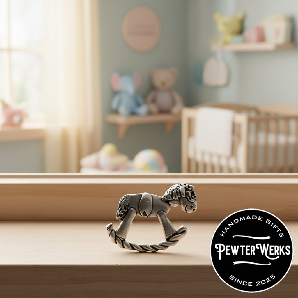 Handmade Pewter Eyeglass / ID Badge Holder Pin 'Rocking Horse' Gift Bag Included.