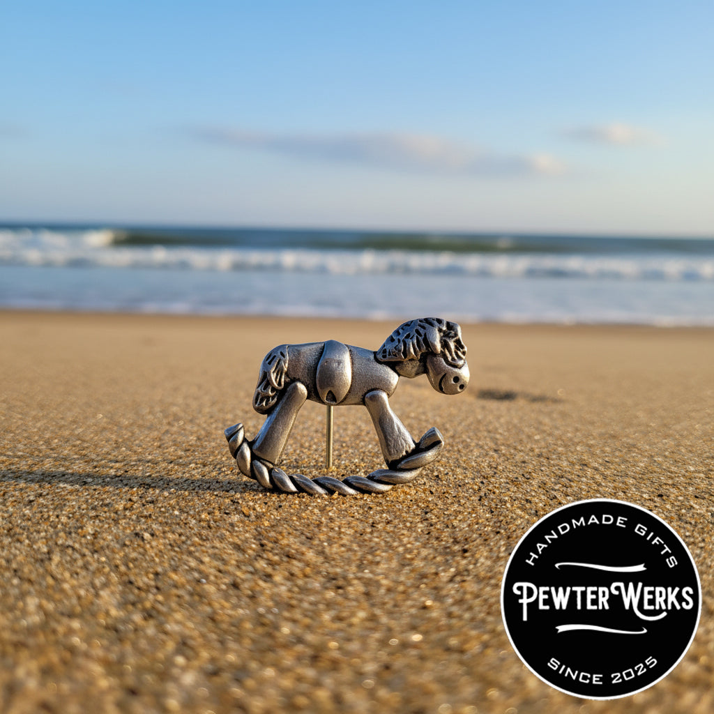 Handmade Pewter Eyeglass / ID Badge Holder Pin 'Rocking Horse' Gift Bag Included.