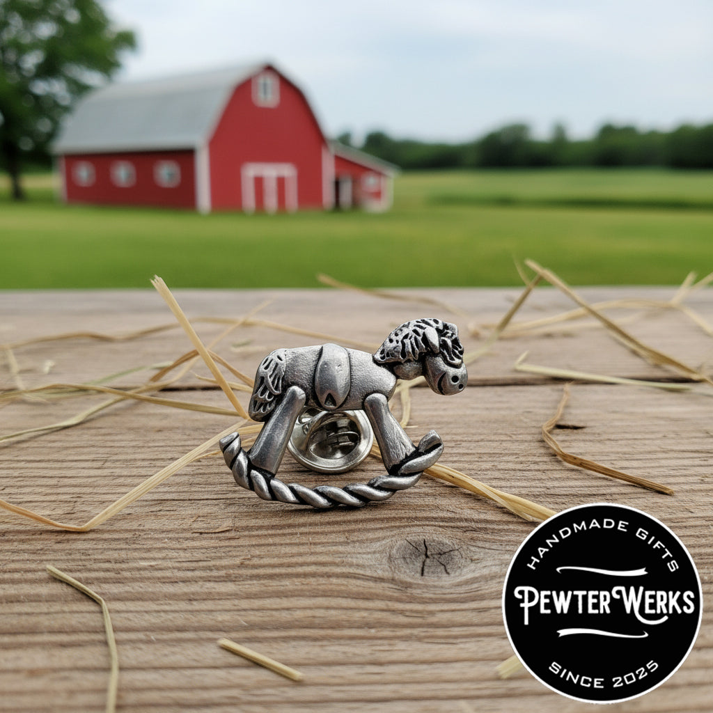 Handmade Pewter Eyeglass / ID Badge Holder Pin 'Rocking Horse' Gift Bag Included.