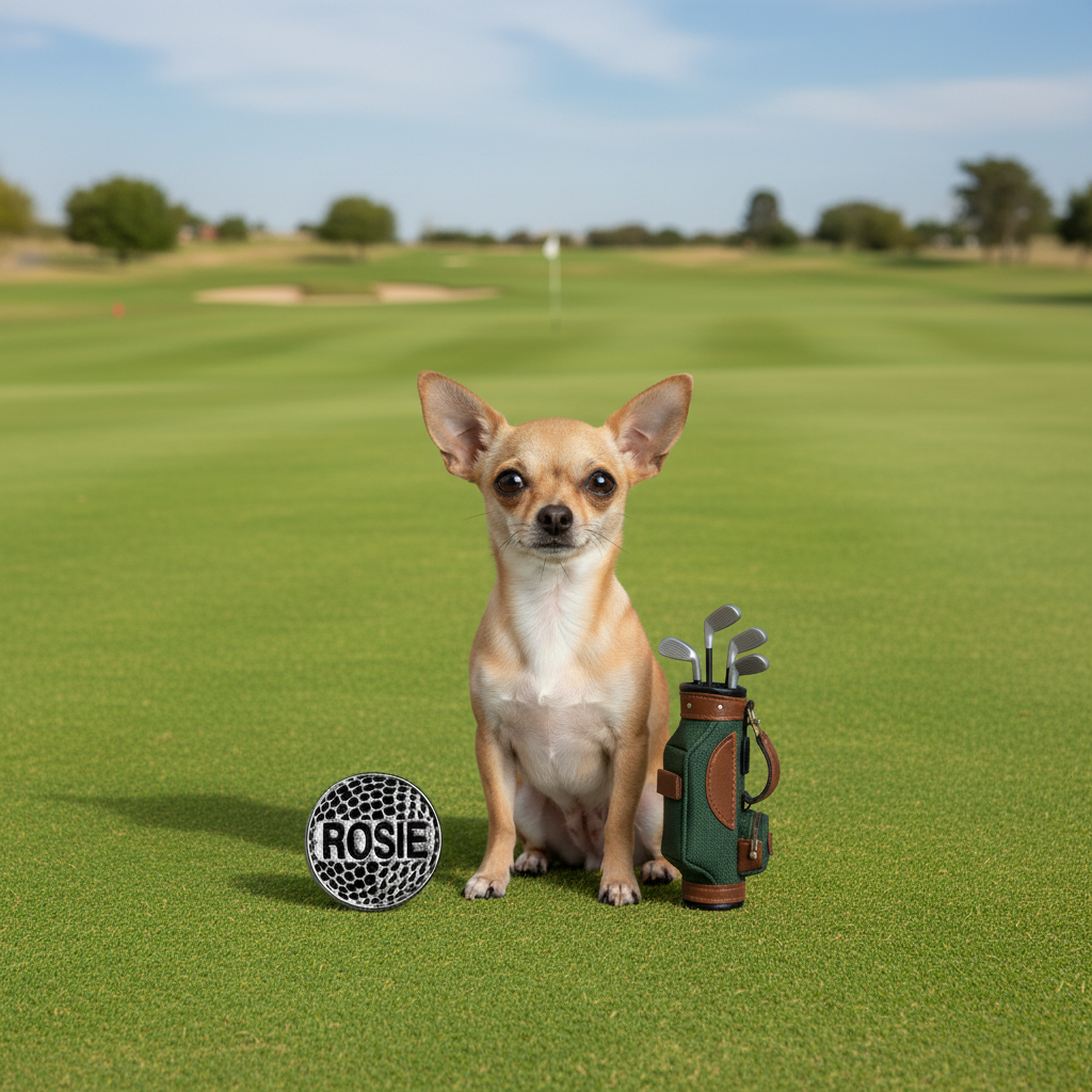 Dog named Rosie on a golf course with golf clubs and her ball marker