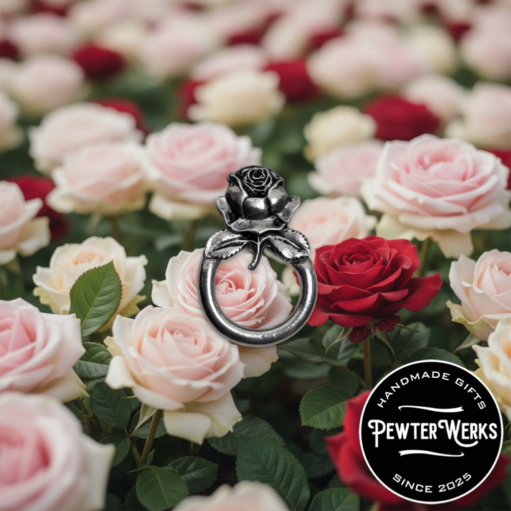 Handmade Pewter Eyeglass / ID Badge Holder Pin 'Single Rose' Gift Bag Included.