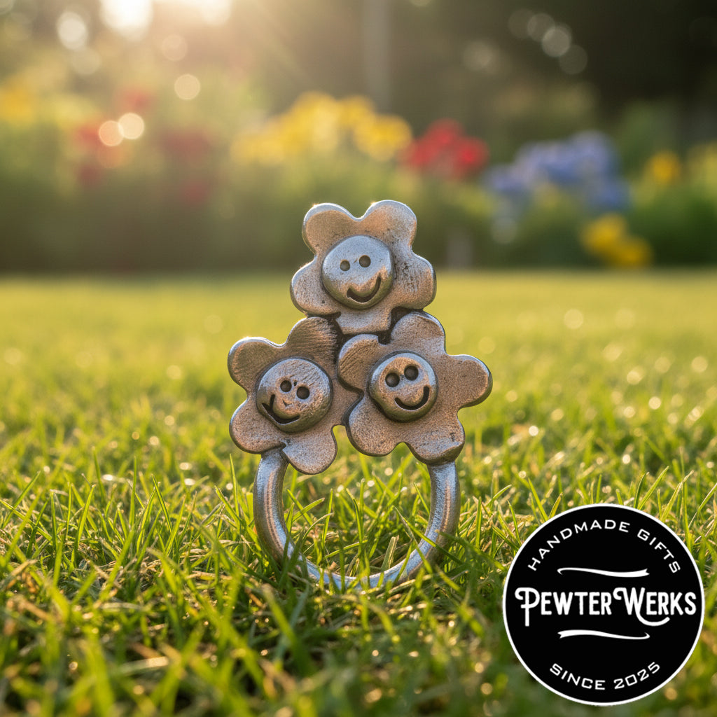 Handmade Pewter Eyeglass / ID Badge Holder Pin 'Smiley Face Flowers' Gift Bag Included.