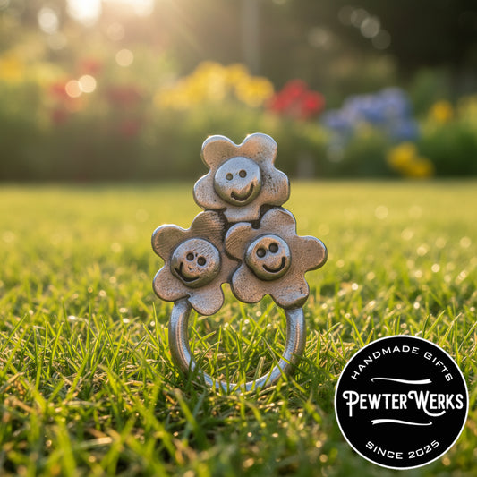 Handmade Pewter Eyeglass / ID Badge Holder Pin 'Smiley Face Flowers' Gift Bag Included.