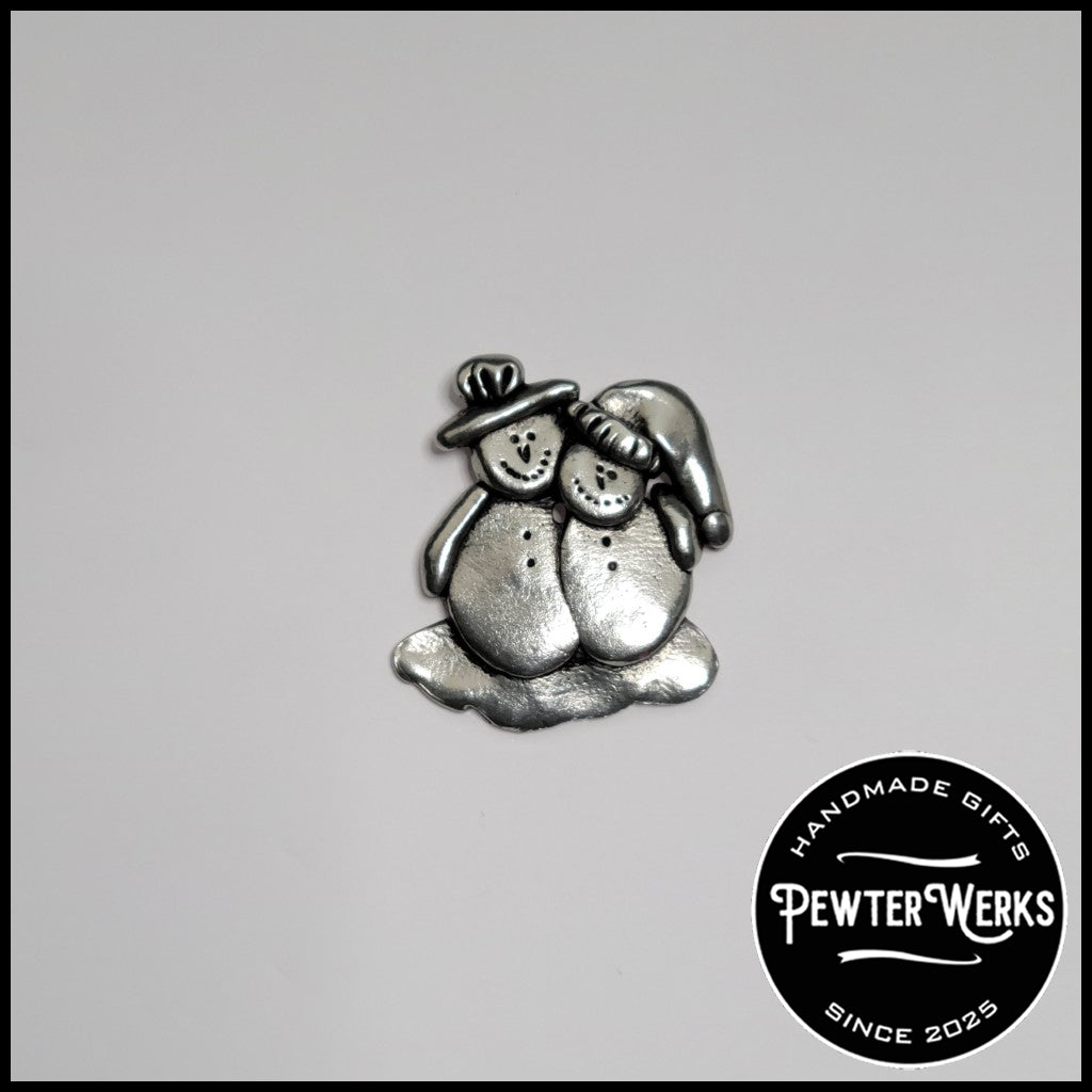 Handmade Pewter Lapel Pin 'Snowman Couple' Gift Bag Included.
