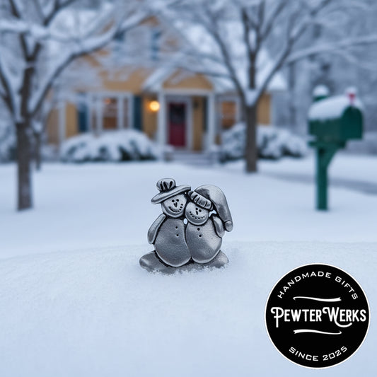 Handmade Pewter Lapel Pin 'Snowman Couple' Gift Bag Included.