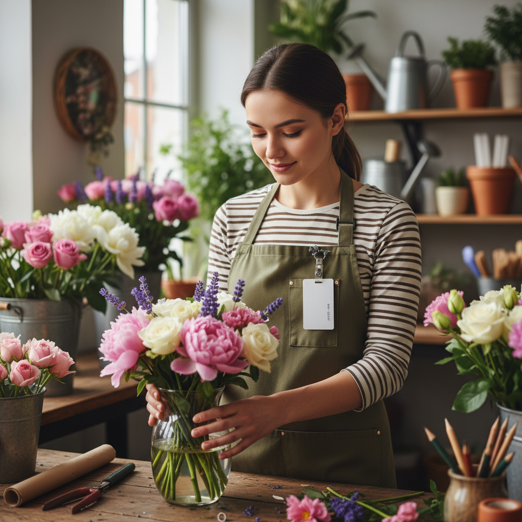Woman in a floral shop holding a bouquet of flowers wearing a eyeglass holder.