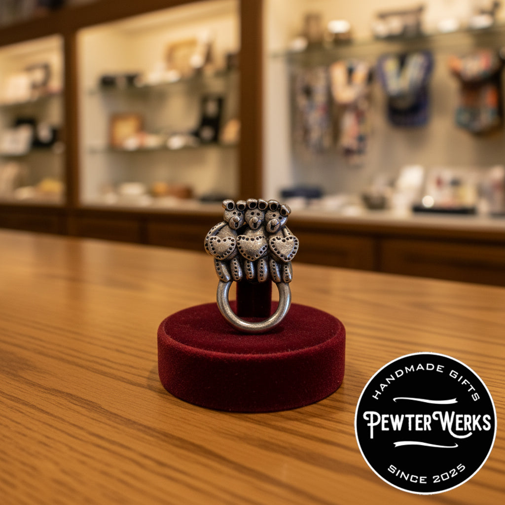 Handmade Pewter Eyeglass / ID Badge Holder Pin 'Three Loving Bears' Gift Bag Included.